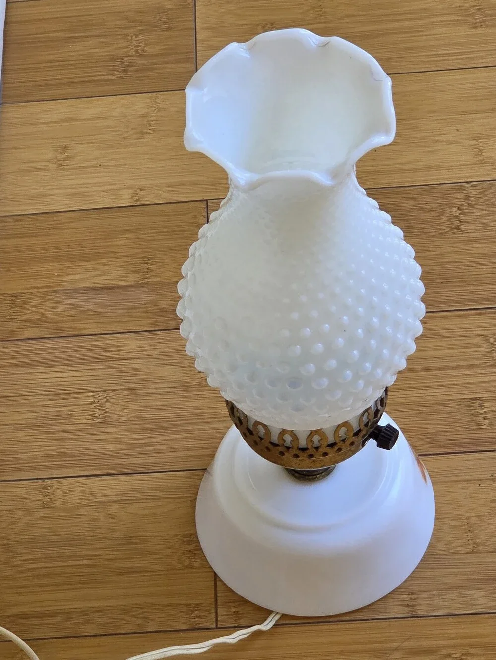 Vintage Hobnail Milk Glass Table Lamp with Floral Base Cottagecore Boudoir Lamp